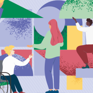A graphic image of the front cover of the Hidden Talents report. People are putting together shapes of different colours as if arranging a jigsaw. One person is in a wheel chair, another has long red hair, another is of colour with black hair and brown trousers.