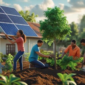 This image shows five people working in a field with crops. One person is making an adjustment to a soloar panel located in a roof of a building in the background.