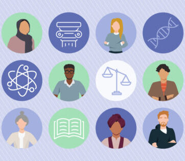 This graphic shows three rows of five circles with cartoon people and icons in alternate circles.