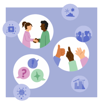 This graphic shows three large circles with two people shaking hands, another with three arms and hads making different gestures and lastely with three speech bubbles with different symbols.