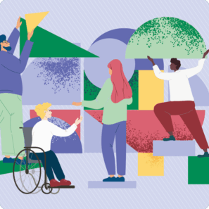 This graphic shows people attaching different shapes to a background.