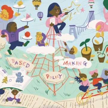 This graphic shows children playing with words in clouds. The words read place based policy making.