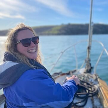 This image shows Nicky Buckley sailing.