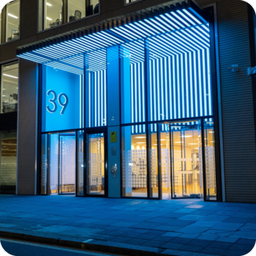 Brightly lit entrance of the Department of Health and Social Care